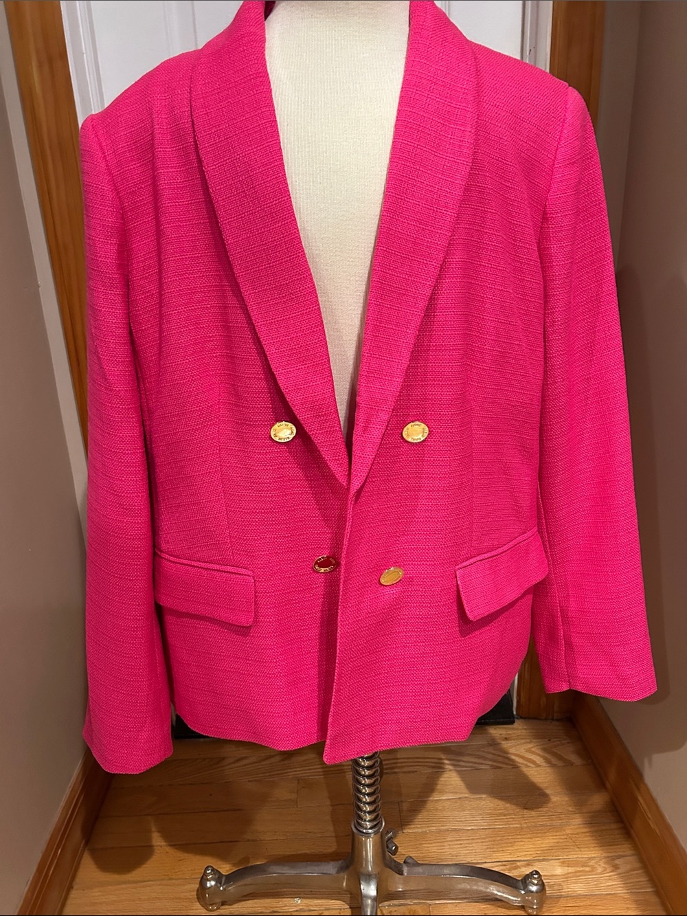 Anne Klein Bright Pink Textured Blazer with Gold Accents